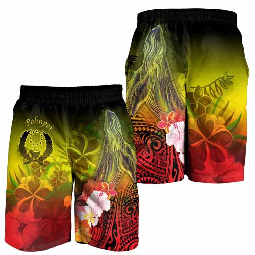 Pohnpei Men Shorts - Humpback Whale with Tropical Flowers (Yellow)