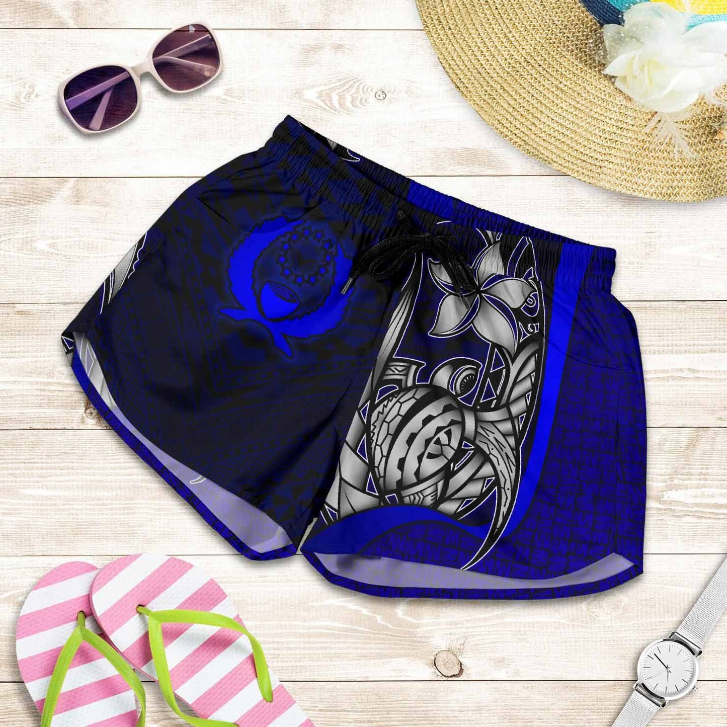 Pohnpei Micronesia Women Shorts Blue - Turtle With Hook