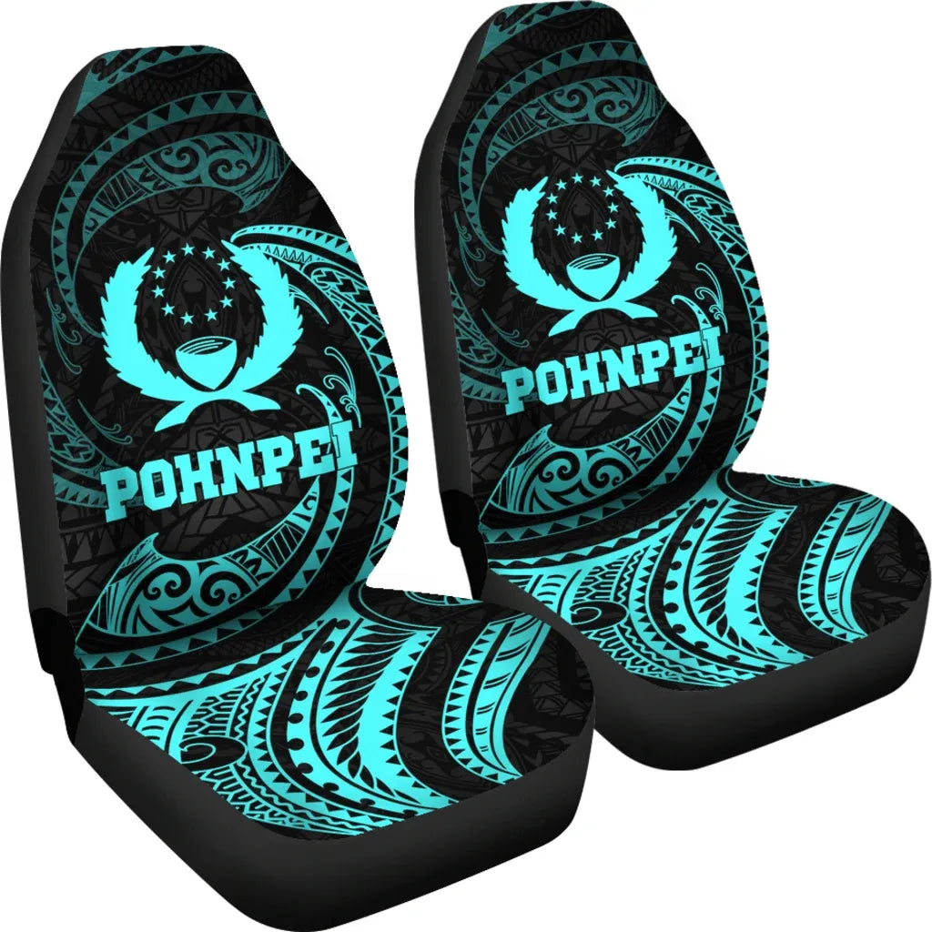Pohnpei Micronesian Car Seat Covers - Neon Blue Tribal Wave