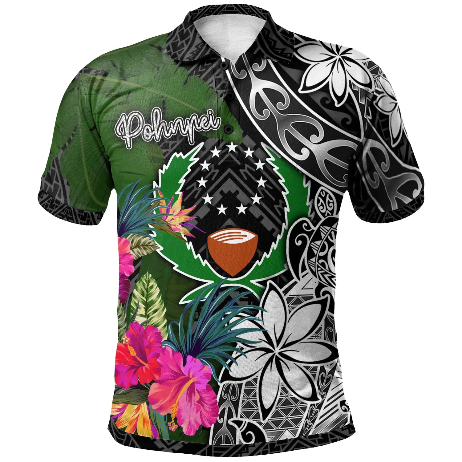 Pohnpei Polo Shirt - Turtle Plumeria Banana Leaf
