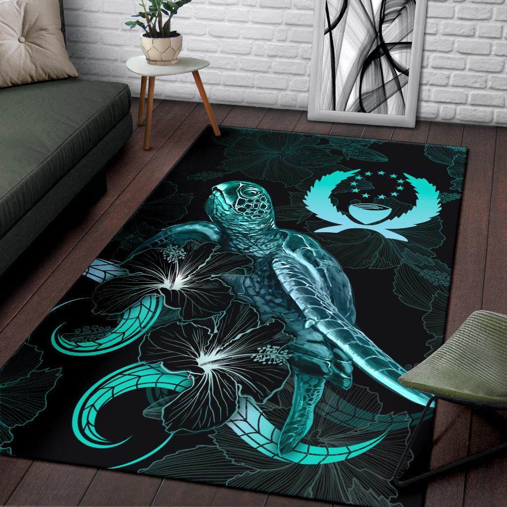 Pohnpei Polynesian Area Rugs - Turtle With Blooming Hibiscus Turquoise