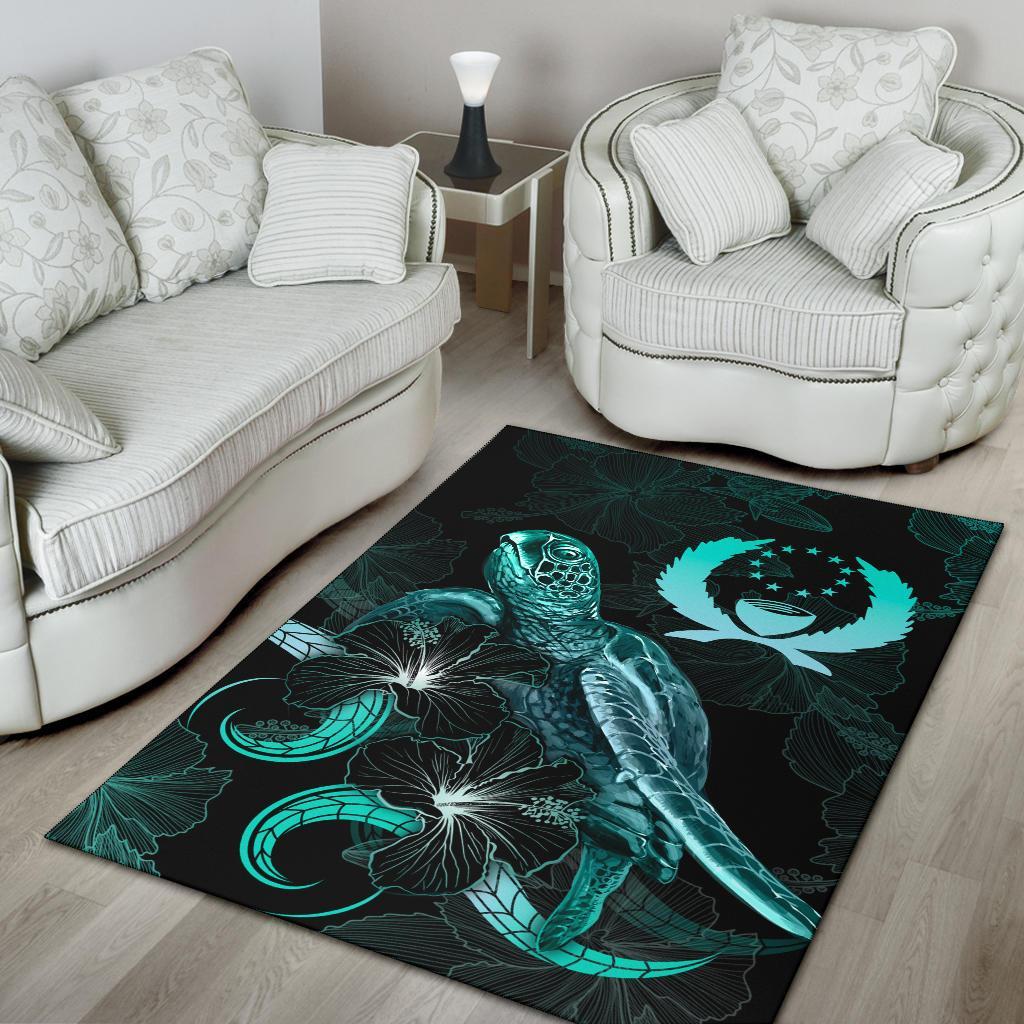 Pohnpei Polynesian Area Rugs - Turtle With Blooming Hibiscus Turquoise