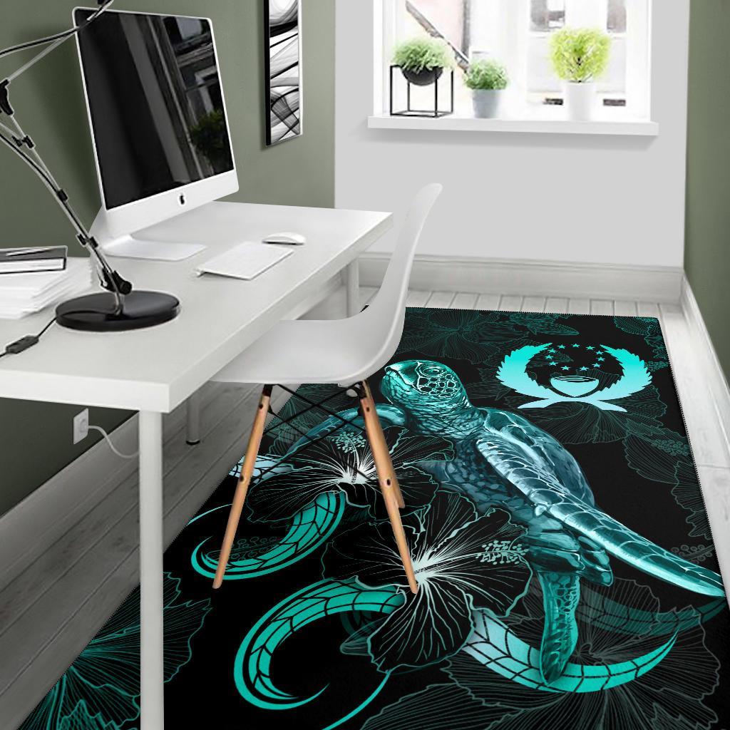 Pohnpei Polynesian Area Rugs - Turtle With Blooming Hibiscus Turquoise