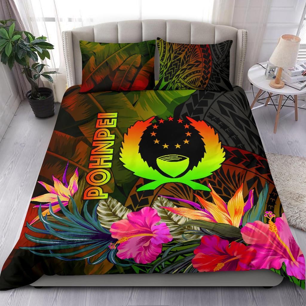 Pohnpei Polynesian Bedding Set - Hibiscus And Banana Leaves