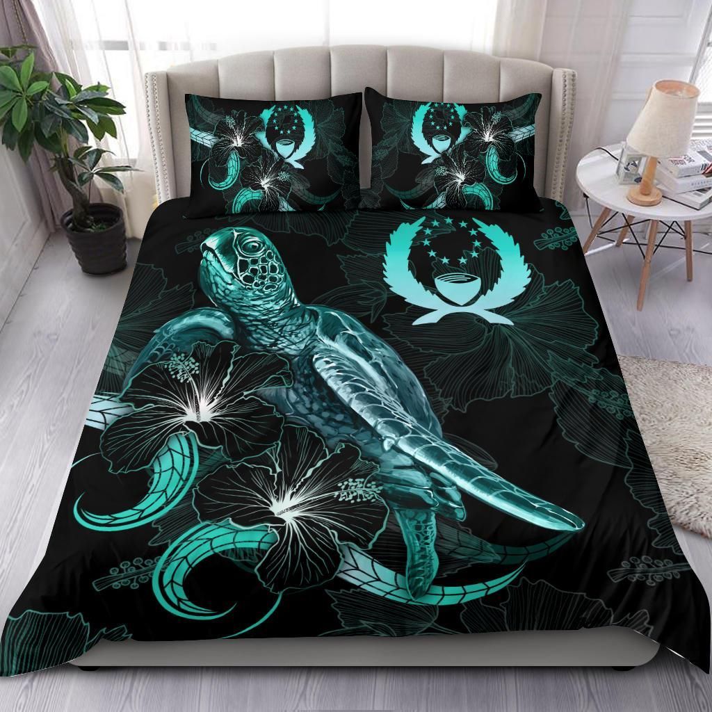 Pohnpei Polynesian Bedding Set - Turtle With Blooming Hibiscus Turquoise
