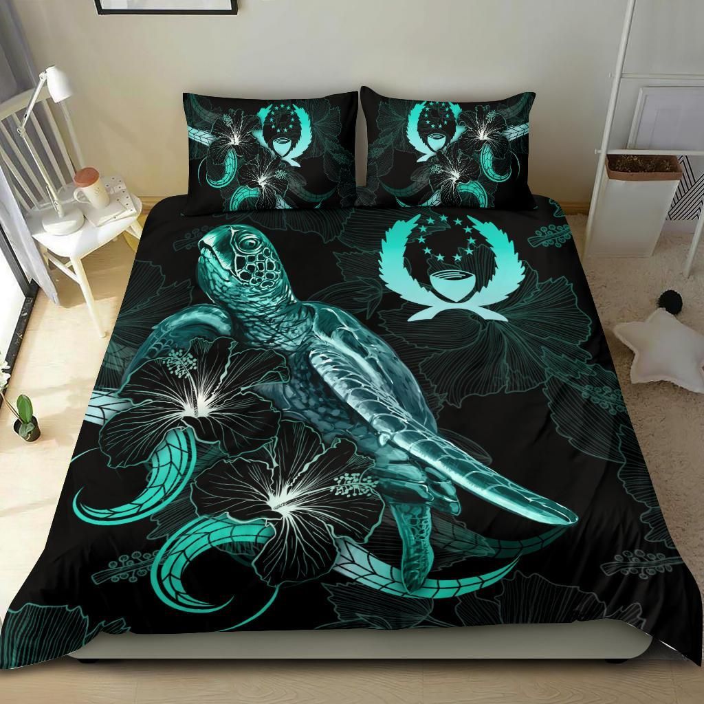 Pohnpei Polynesian Bedding Set - Turtle With Blooming Hibiscus Turquoise