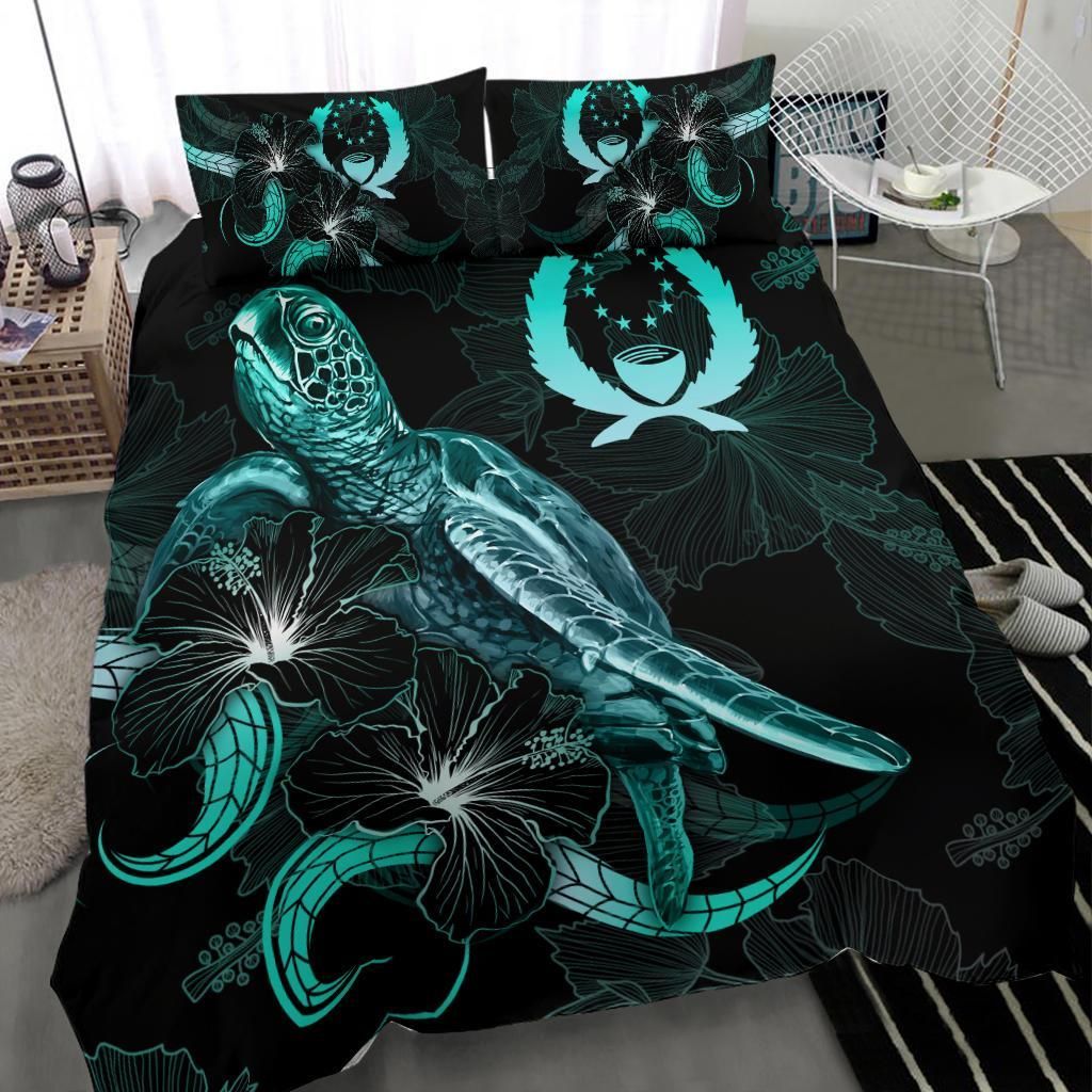 Pohnpei Polynesian Bedding Set - Turtle With Blooming Hibiscus Turquoise