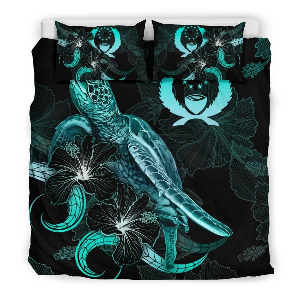 Pohnpei Polynesian Bedding Set - Turtle With Blooming Hibiscus Turquoise