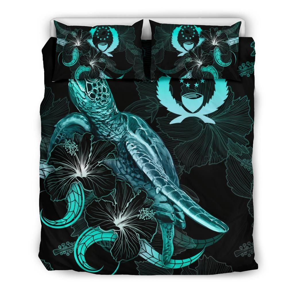 Pohnpei Polynesian Bedding Set - Turtle With Blooming Hibiscus Turquoise