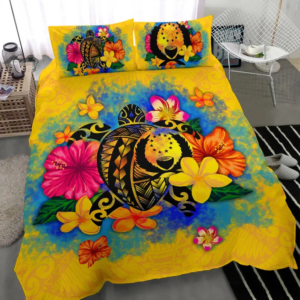 Pohnpei Polynesian Bedding Set - Turtle With Plumeria And Hibiscus