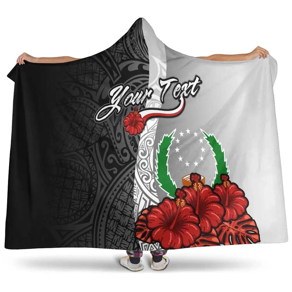 Pohnpei Polynesian Custom Personalised Hooded Blanket- Coat Of Arm With Hibiscus White
