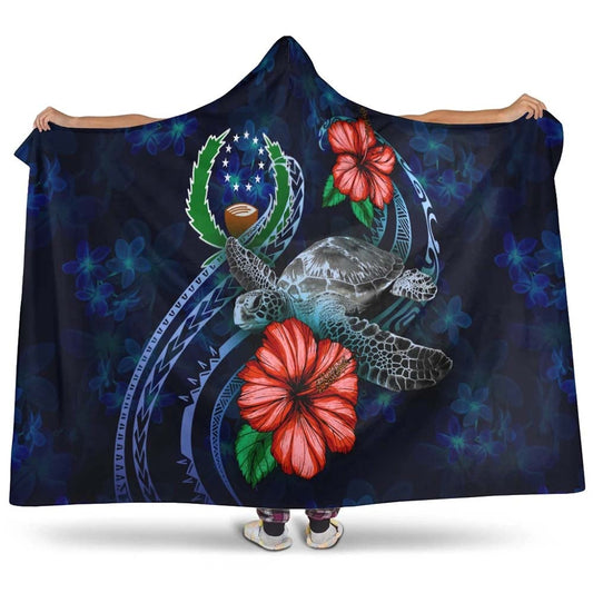 Pohnpei Polynesian Hooded Blanket - Blue Turtle Hibiscus