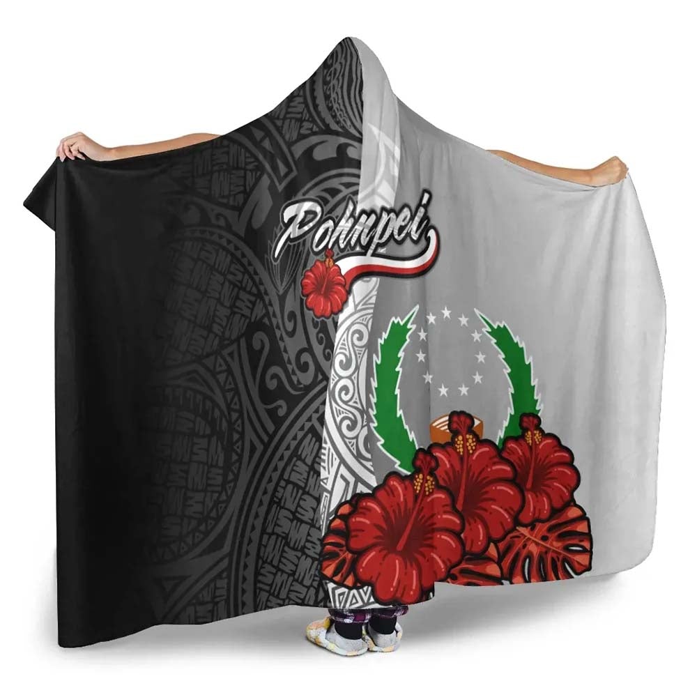 Pohnpei Polynesian Hooded Blanket- Coat Of Arm With Hibiscus White
