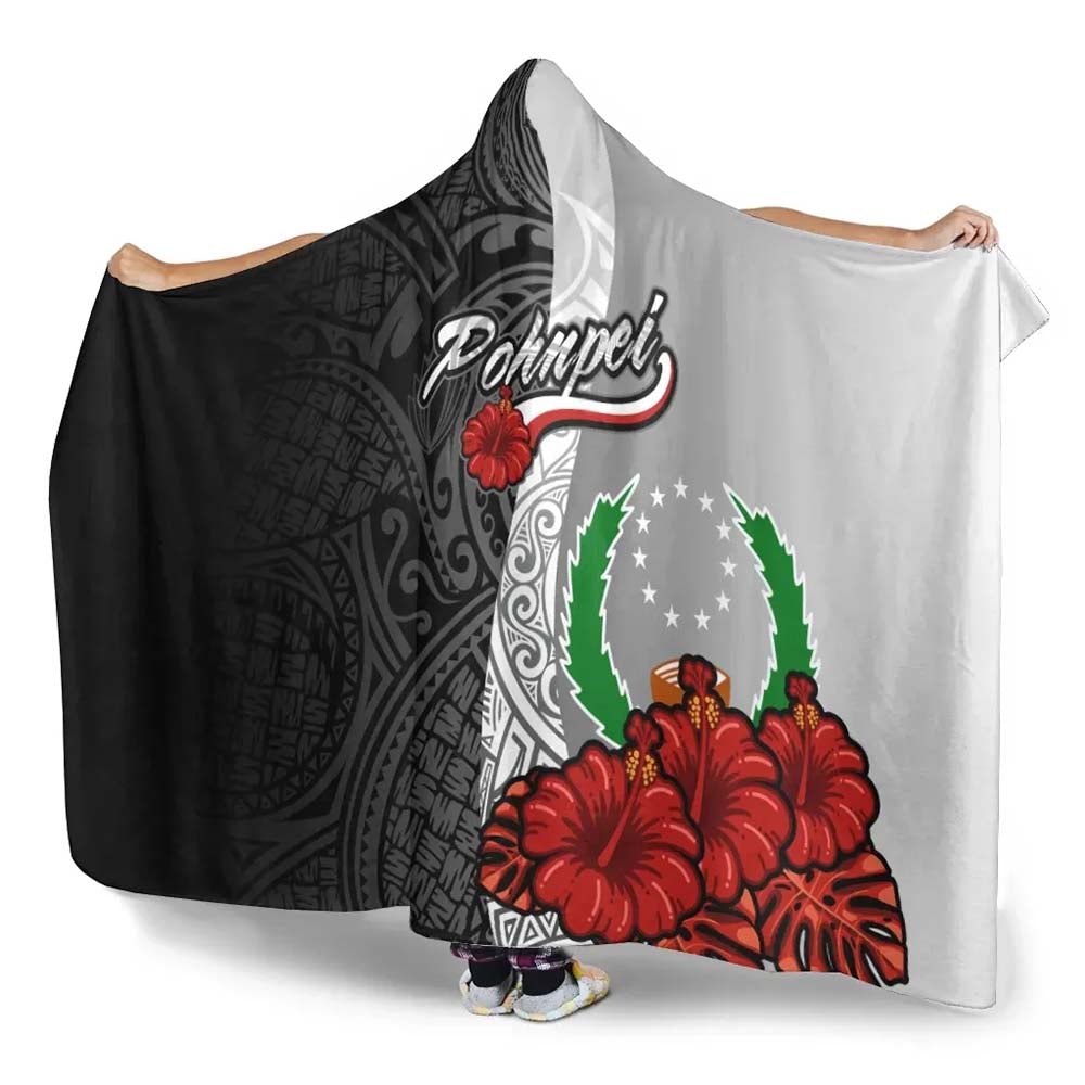 Pohnpei Polynesian Hooded Blanket- Coat Of Arm With Hibiscus White