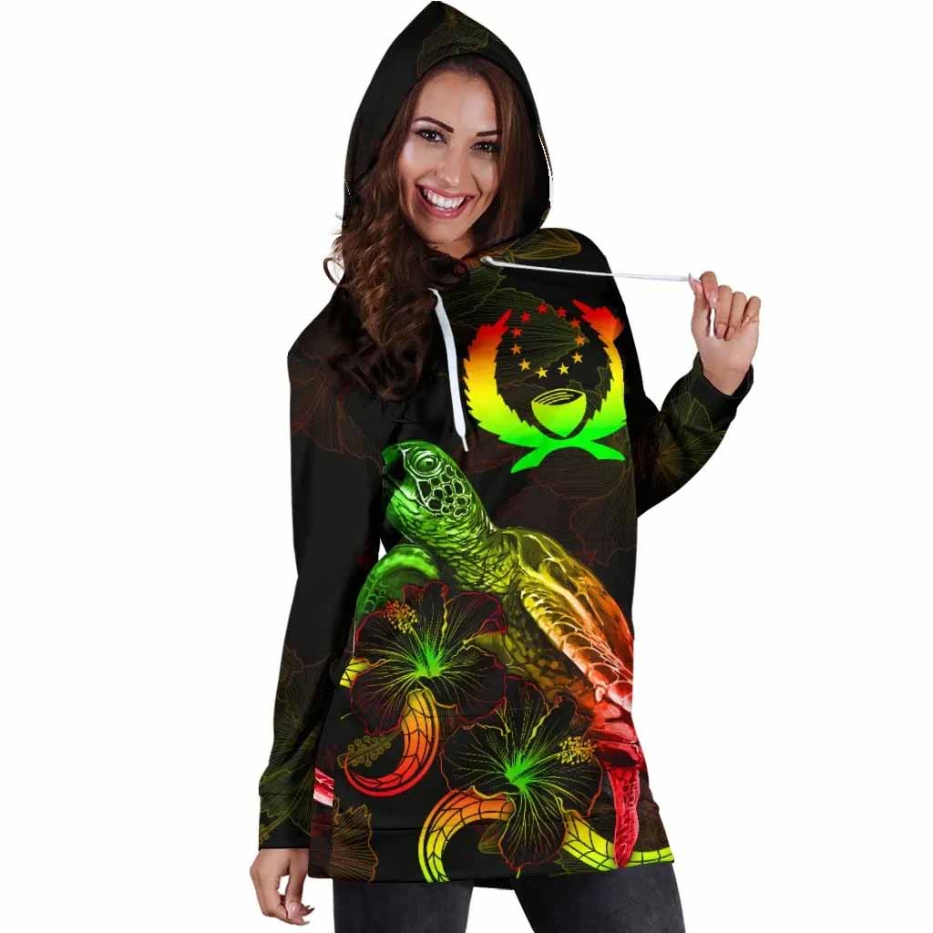 Pohnpei Polynesian Hoodie Dress - Turtle With Blooming Hibiscus Reggae