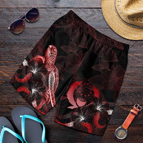 Pohnpei Polynesian Men Shorts - Turtle With Blooming Hibiscus Red