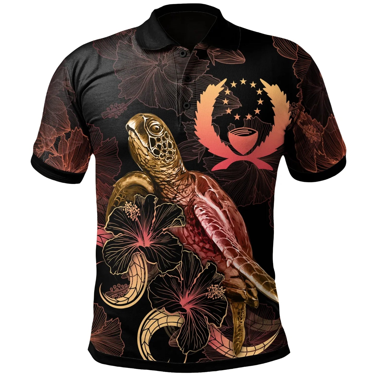 Pohnpei Polynesian Polo Shirt - Turtle With Blooming Hibiscus Gold