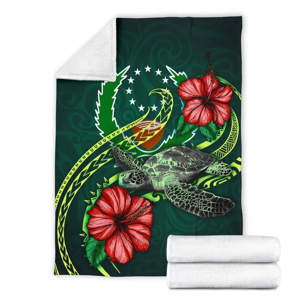 Pohnpei Polynesian Premium Blanket - Green Turtle Hibiscus