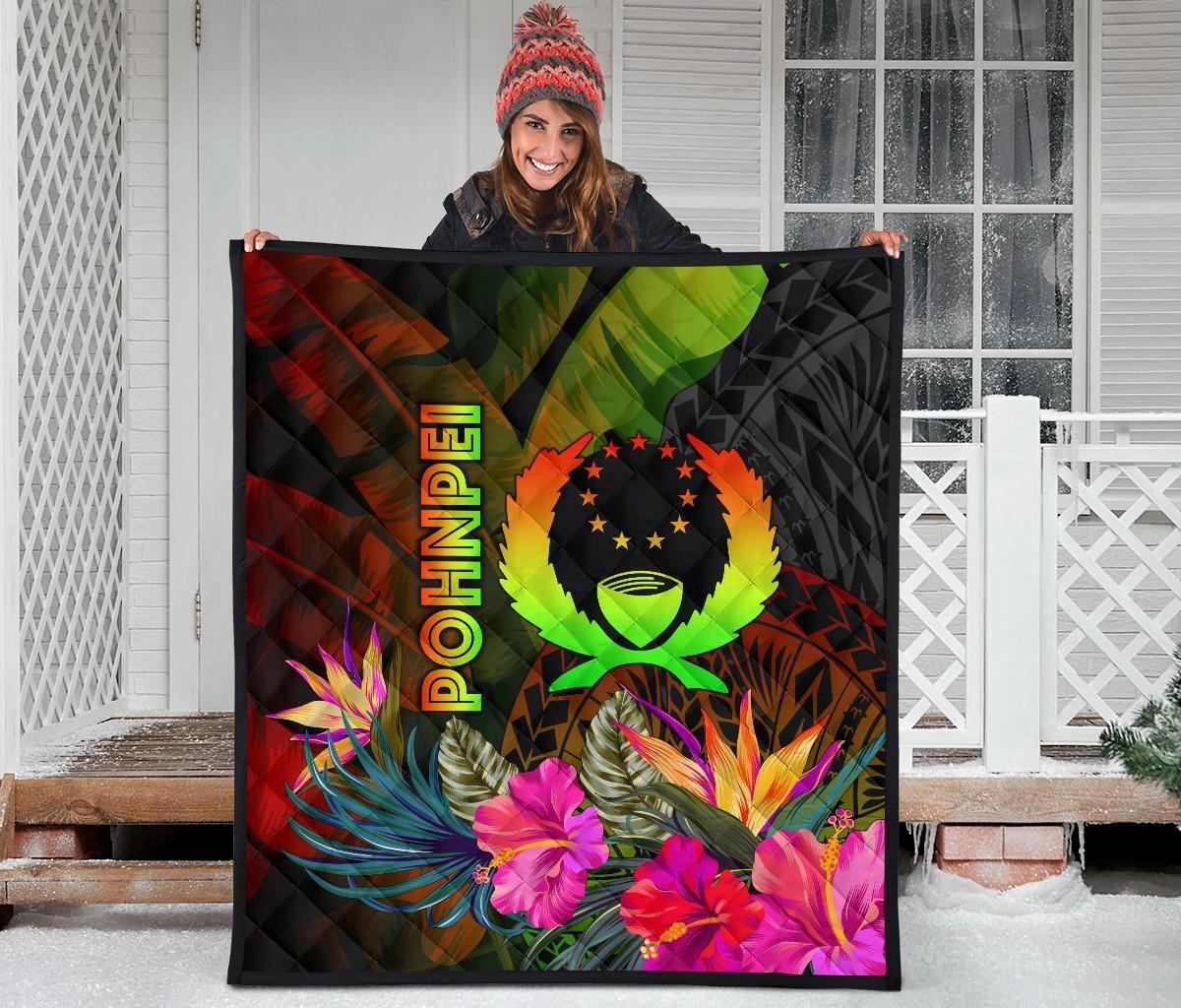 Pohnpei Polynesian Premium Quilt -  Hibiscus and Banana Leaves