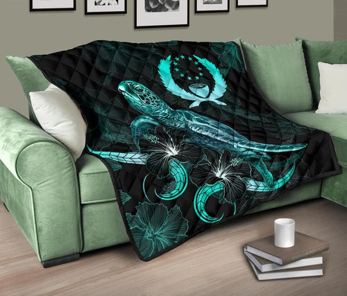 Pohnpei Polynesian Premium Quilt - Turtle With Blooming Hibiscus Turquoise