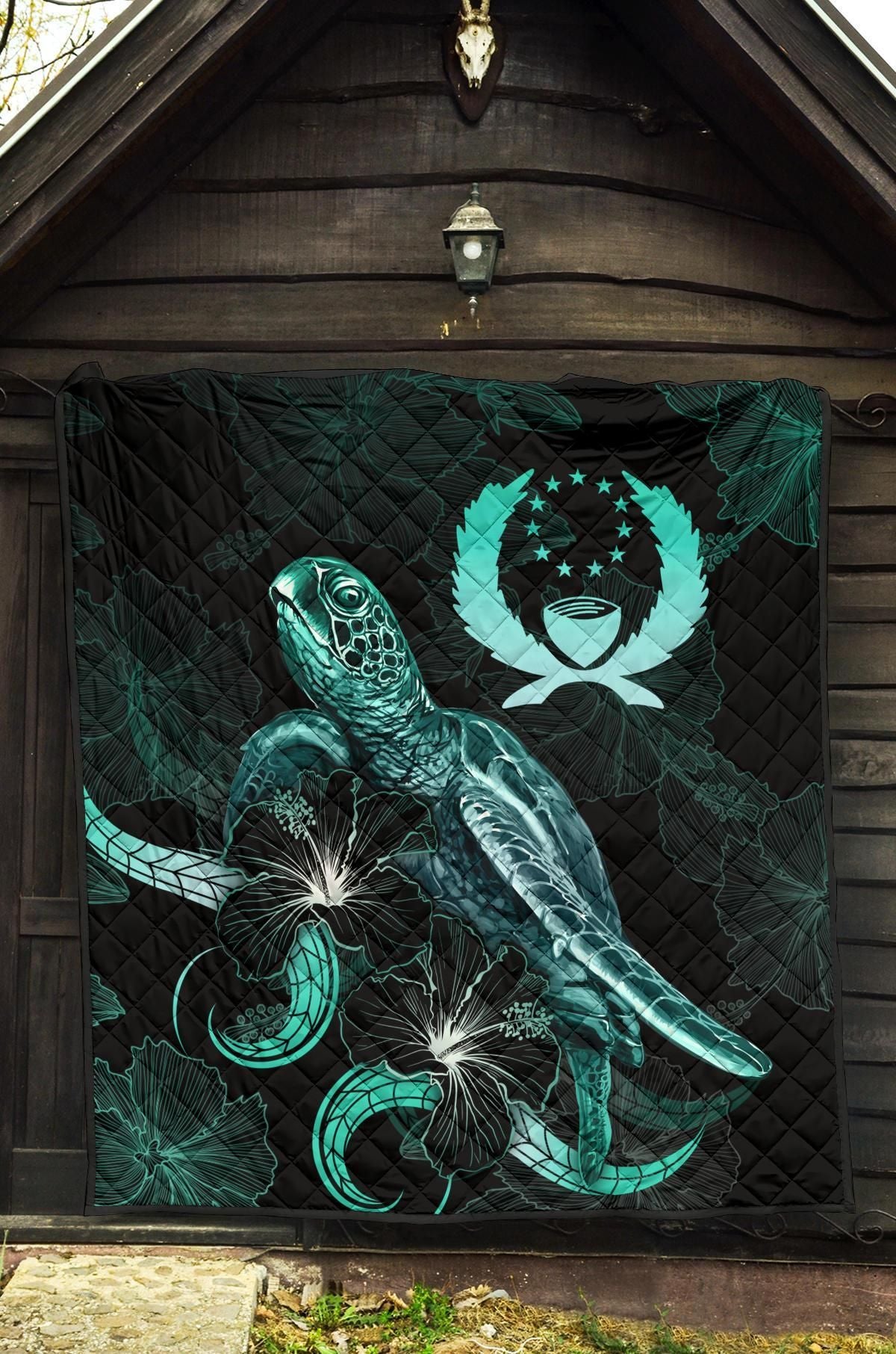 Pohnpei Polynesian Premium Quilt - Turtle With Blooming Hibiscus Turquoise