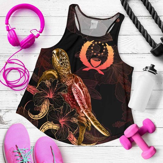 Pohnpei Polynesian Women Tank Top - Turtle With Blooming Hibiscus Gold
