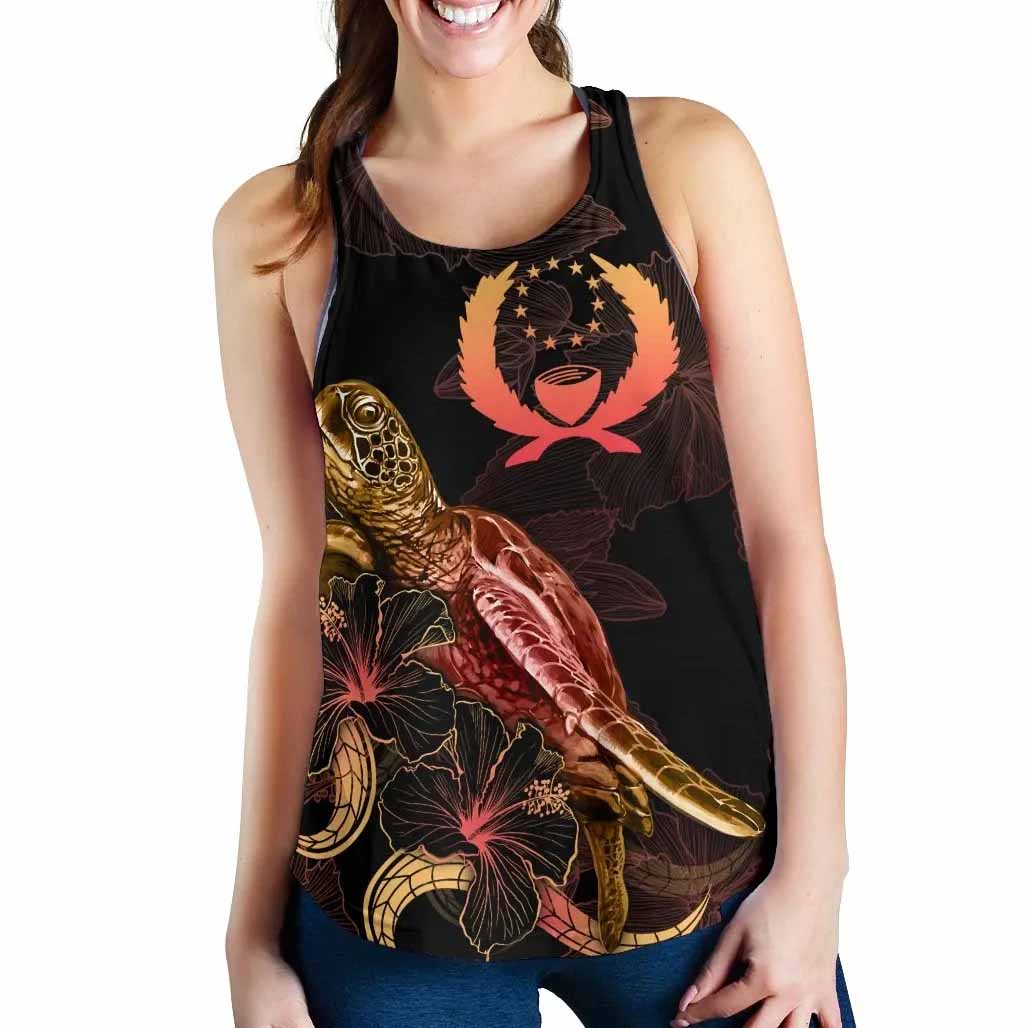 Pohnpei Polynesian Women Tank Top - Turtle With Blooming Hibiscus Gold