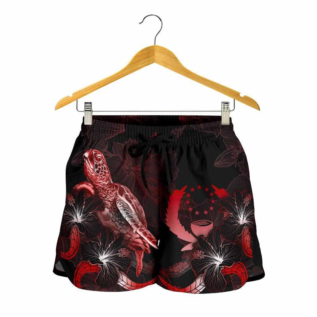 Pohnpei Polynesian Women Shorts - Turtle With Blooming Hibiscus Red