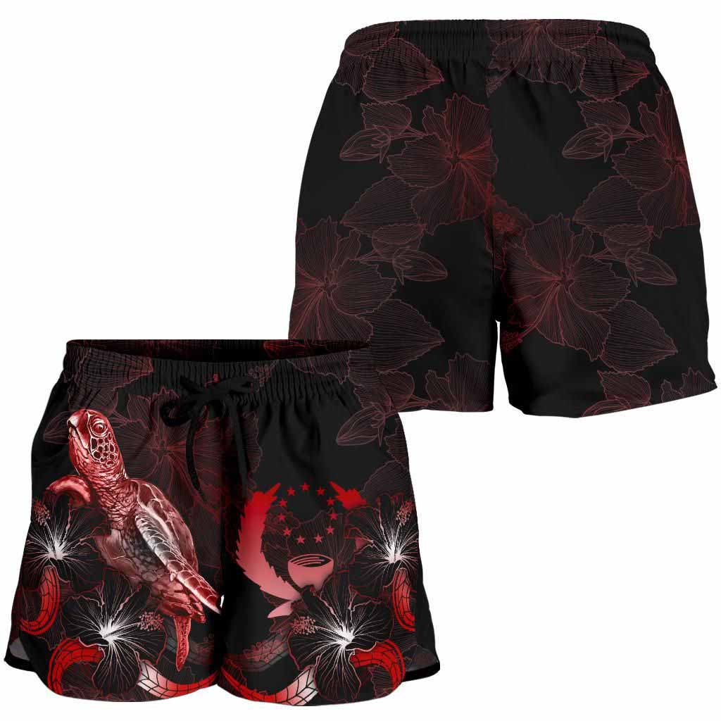 Pohnpei Polynesian Women Shorts - Turtle With Blooming Hibiscus Red