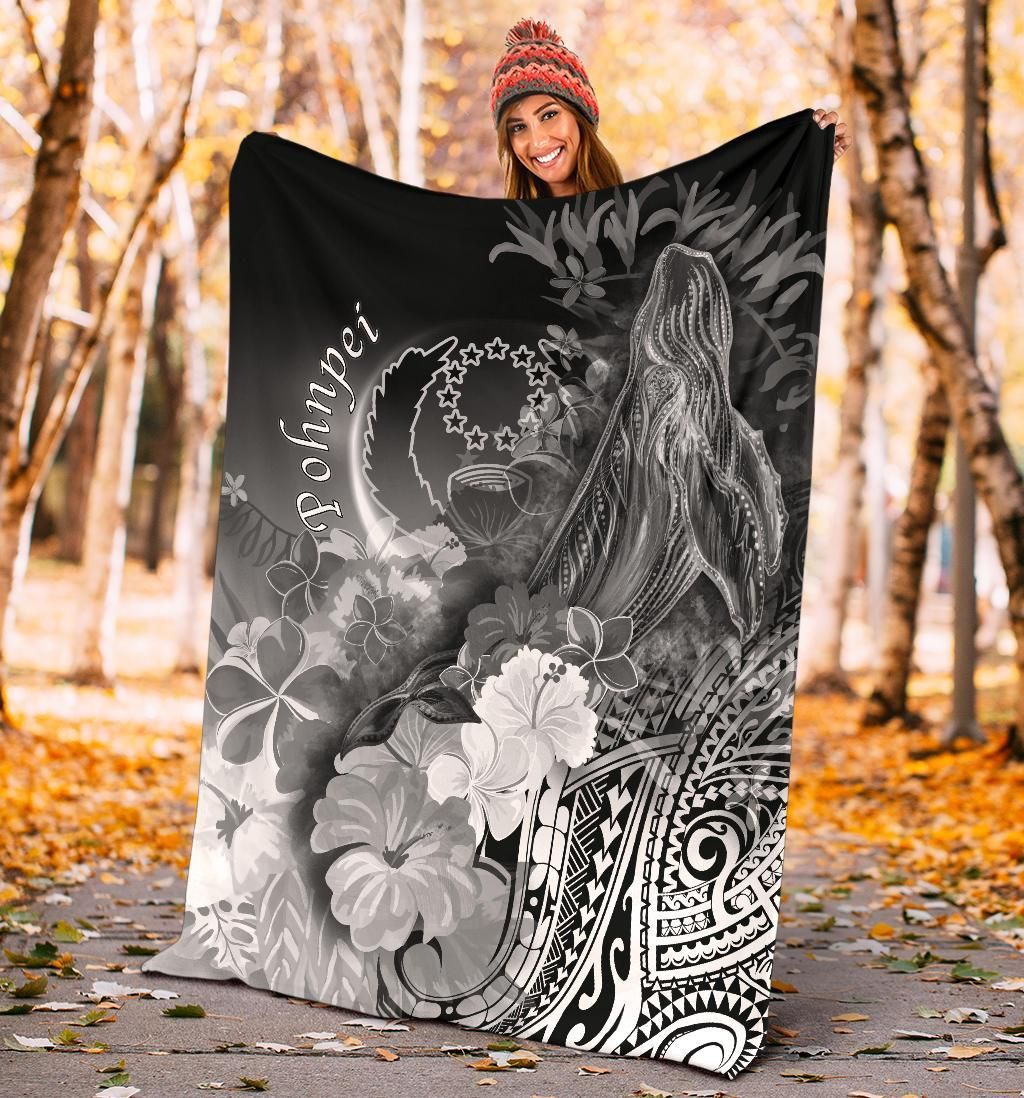 Pohnpei Premium Blanket - Humpback Whale with Tropical Flowers (White)
