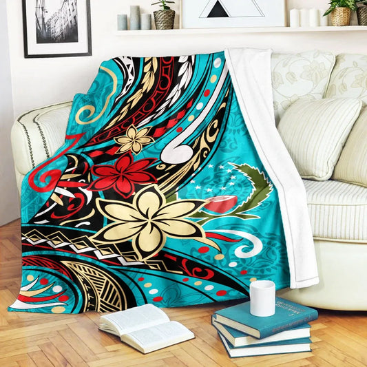 Pohnpei Premium Blanket - Tribal Flower With Special Turtles Blue Color