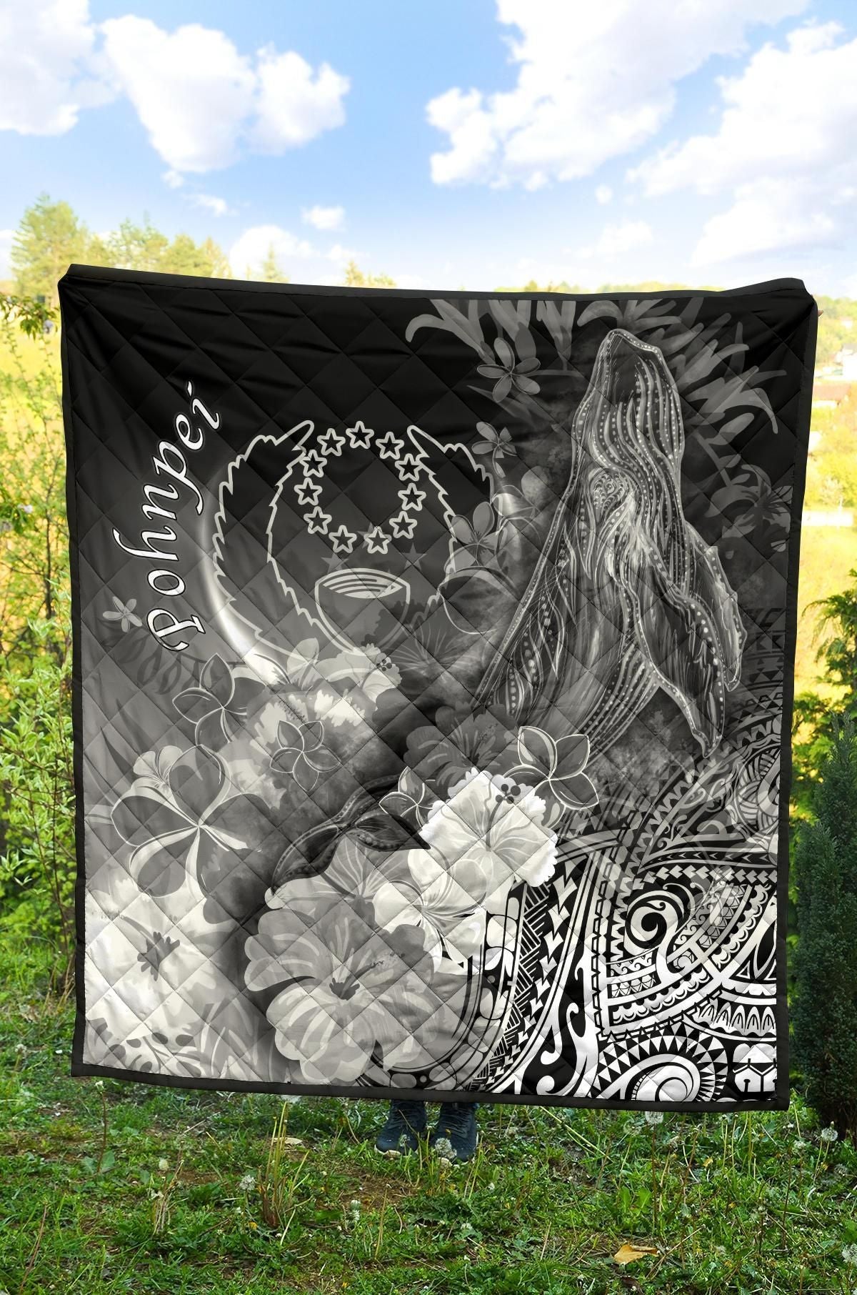 Pohnpei Premium Quilt - Humpback Whale with Tropical Flowers (White)