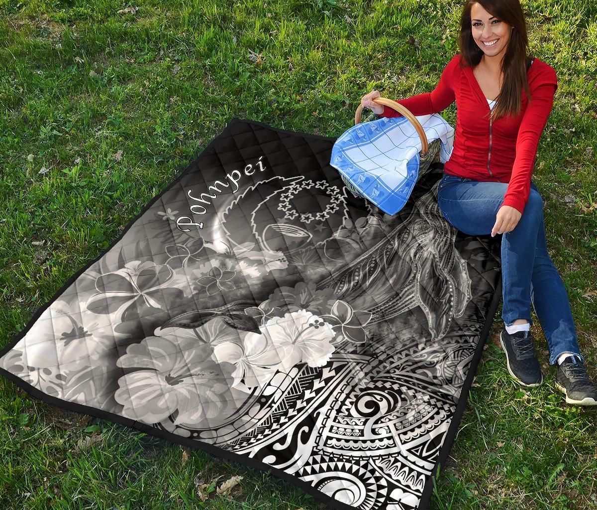 Pohnpei Premium Quilt - Humpback Whale with Tropical Flowers (White)