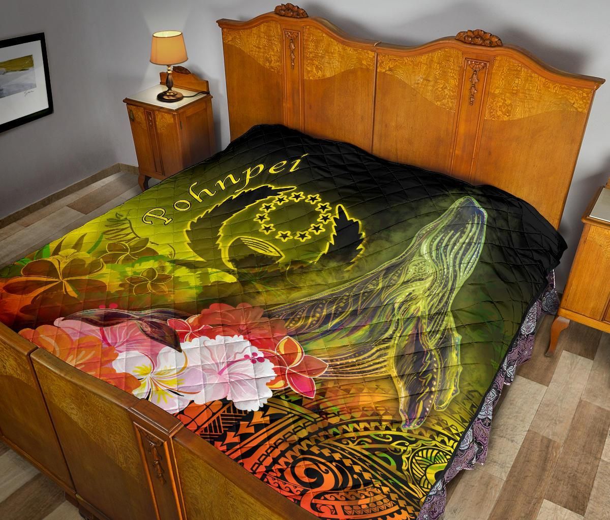 Pohnpei Premium Quilt - Humpback Whale with Tropical Flowers (Yellow)