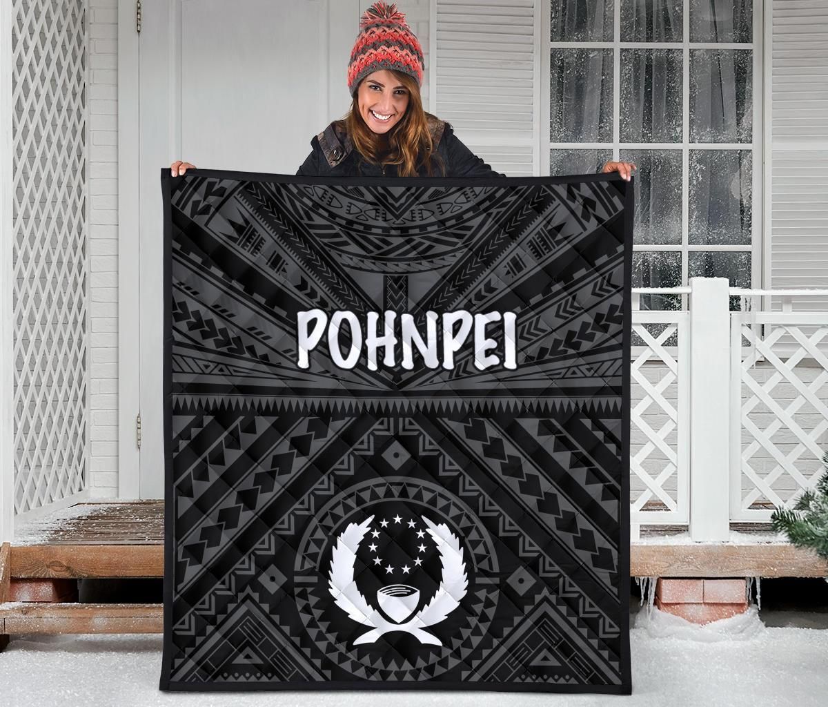 Pohnpei Premium Quilt - Pohnpei Seal With Polynesian Tattoo Style ( Black)