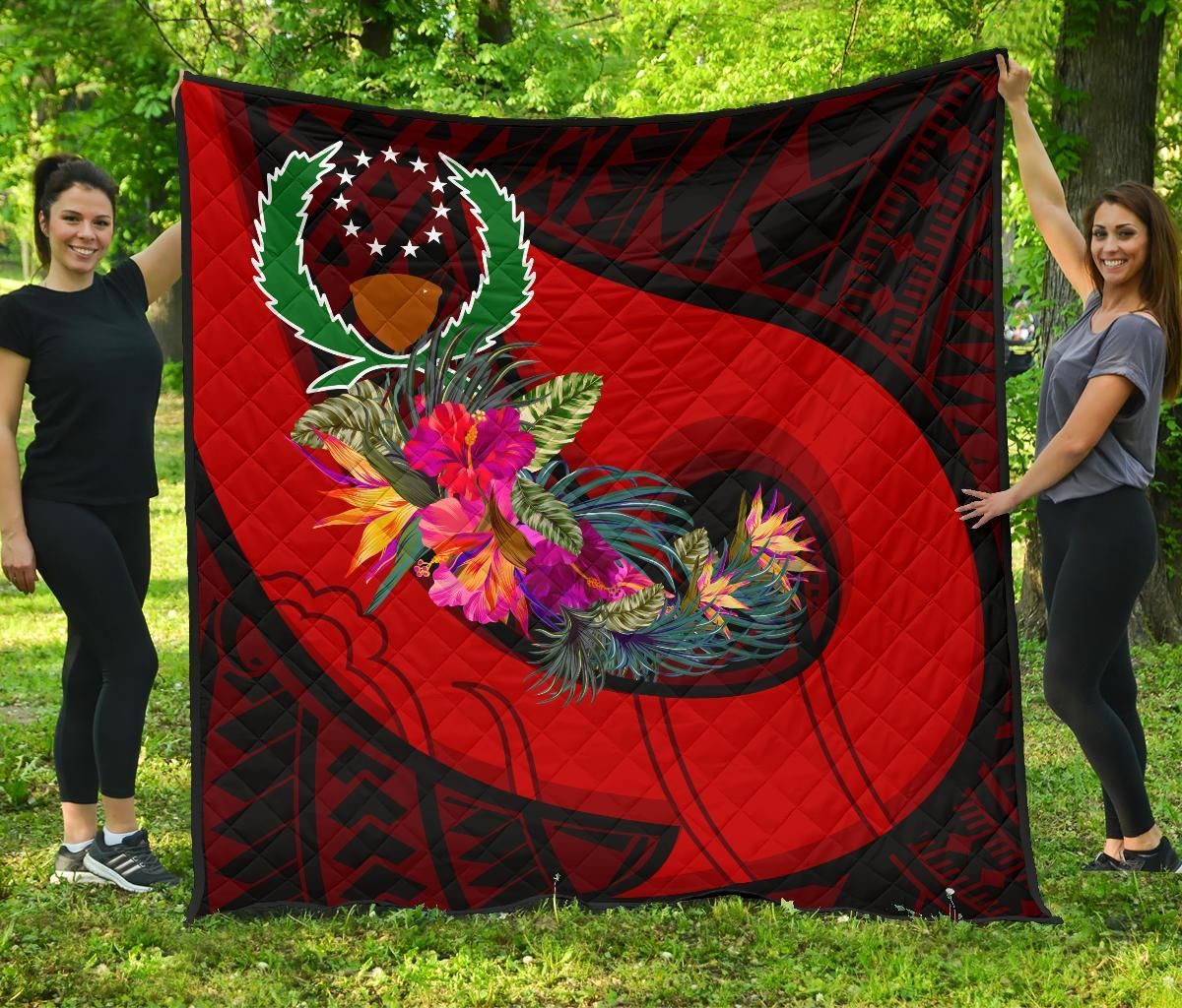 Pohnpei Premium Quilt - Polynesian Hook And Hibiscus (Red)