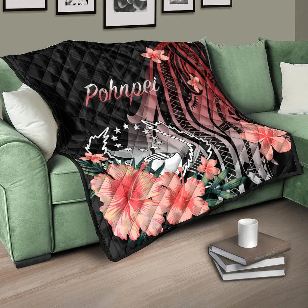 Pohnpei Premium Quilt - Red Polynesian Hibiscus Pattern Style