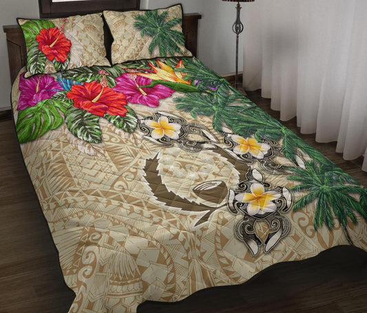 Pohnpei Polynesian Quilt Bed Set - Hibiscus Turtle Tattoo Beige