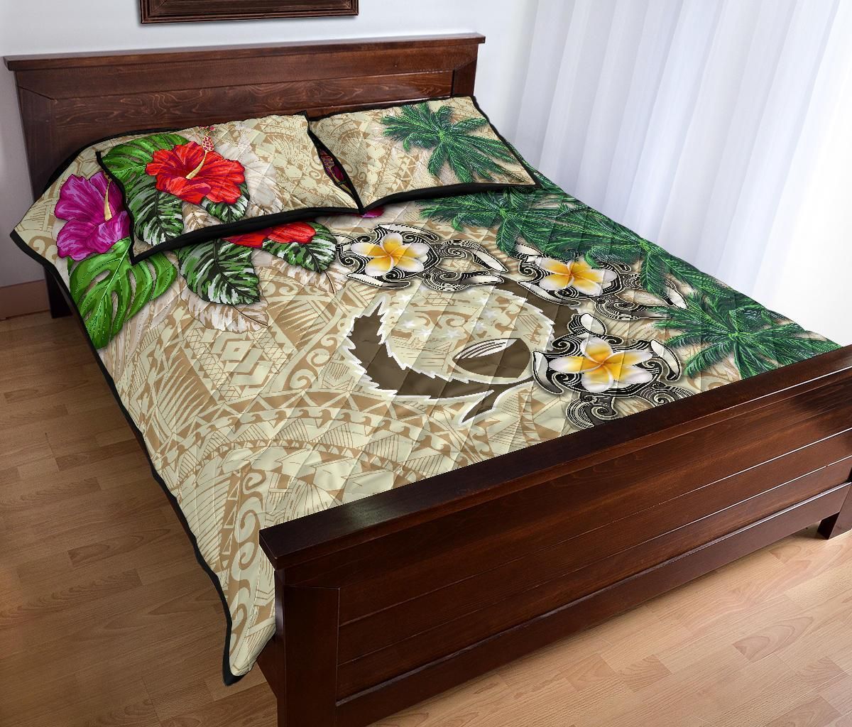 Pohnpei Polynesian Quilt Bed Set - Hibiscus Turtle Tattoo Beige