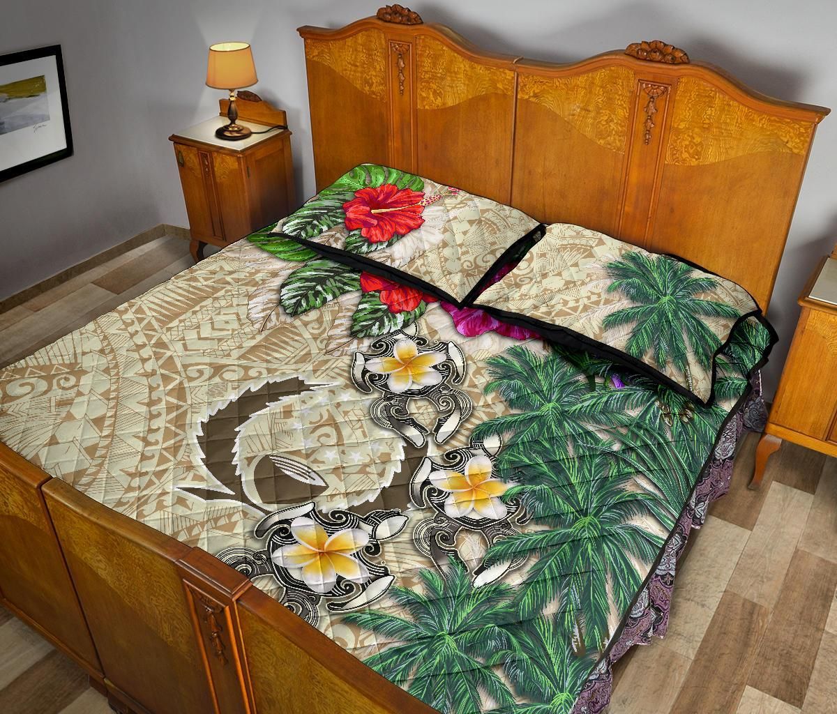 Pohnpei Polynesian Quilt Bed Set - Hibiscus Turtle Tattoo Beige