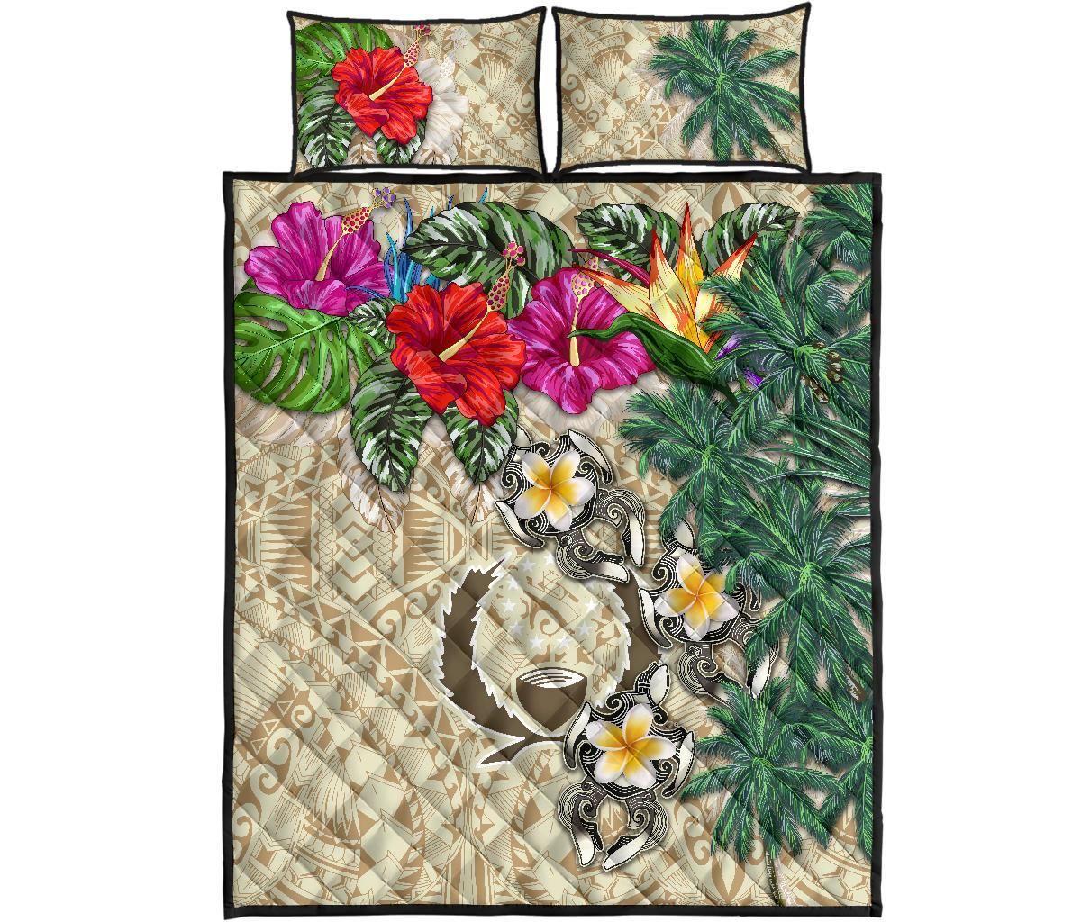 Pohnpei Polynesian Quilt Bed Set - Hibiscus Turtle Tattoo Beige