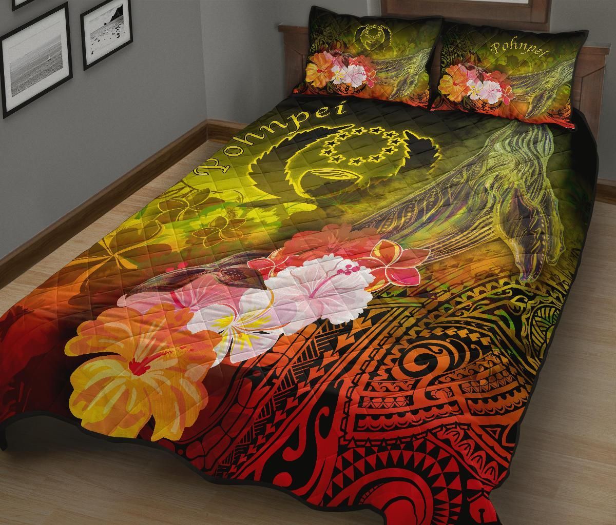 Pohnpei Quilt Bed Set - Humpback Whale with Tropical Flowers (Yellow)