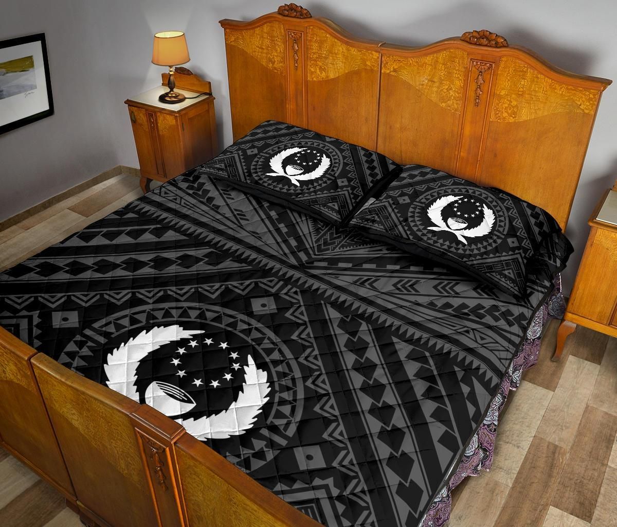 Pohnpei Quilt Bed Set - Pohnpei Seal With Polynesian Tattoo Style ( Black)