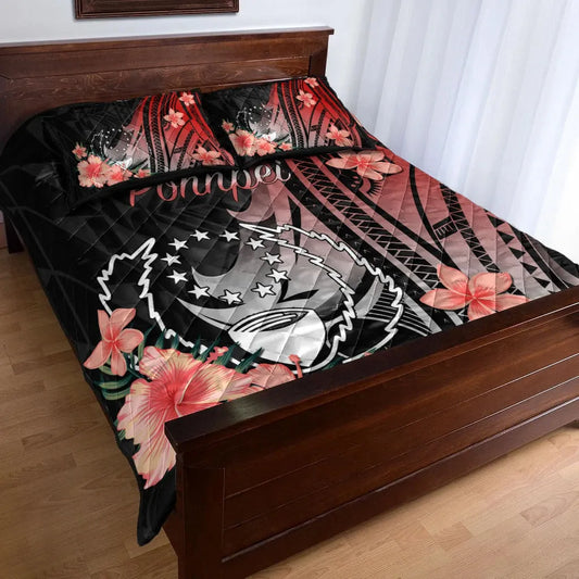 Pohnpei Quilt Bed Set - Red Polynesian Hibiscus Pattern Style