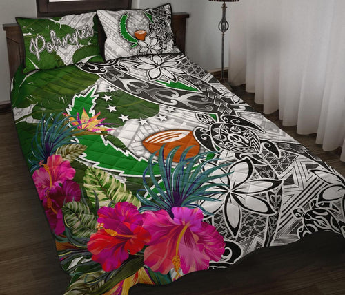 Pohnpei Quilt Bed Set White - Turtle Plumeria Banana Leaf