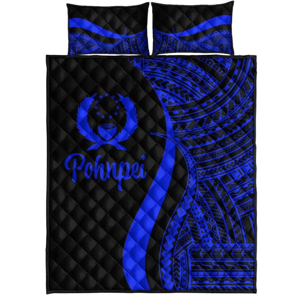 Pohnpei Quilt Bed Set - Blue Polynesian Tentacle Tribal Pattern