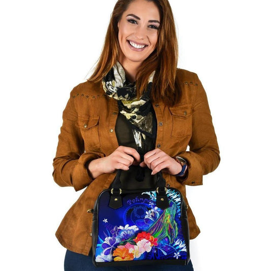 Pohnpei Shoulder Handbag - Humpback Whale With Tropical Flowers (Blue)