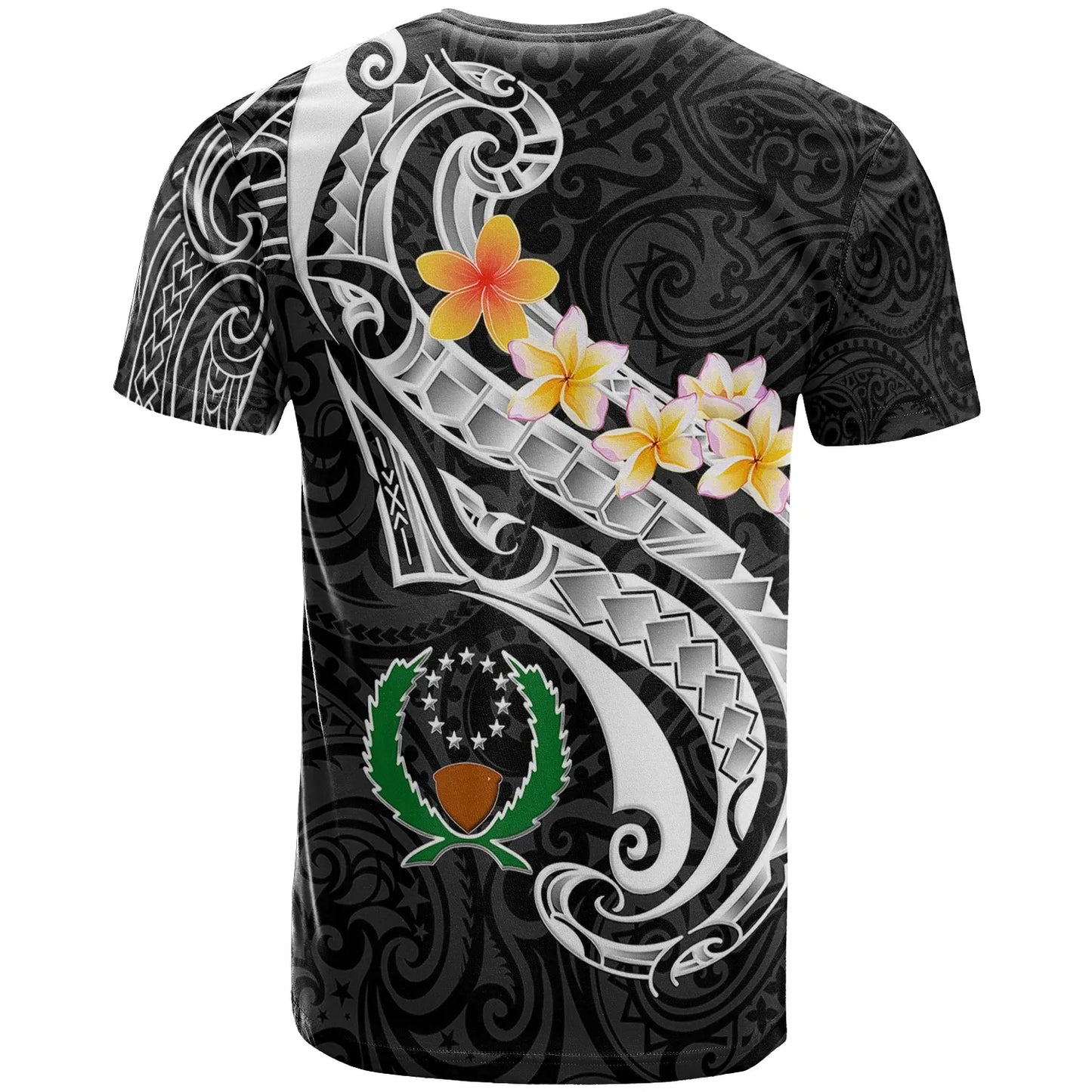 Pohnpei T-Shirt - Pohnpei Seal Polynesian Patterns Plumeria (Black)