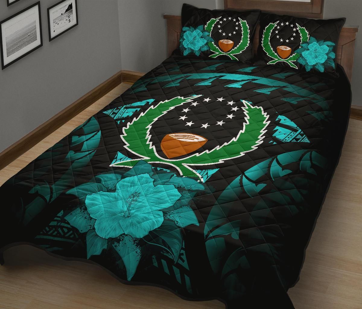 Pohnpei Polynesian Quilt Bed Set Hibiscus Turquoise