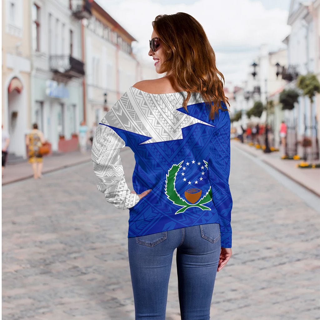 Pohnpei State Off Shoulder Sweatshirt Polynesian Tattoo Flag And Coat Of Arms